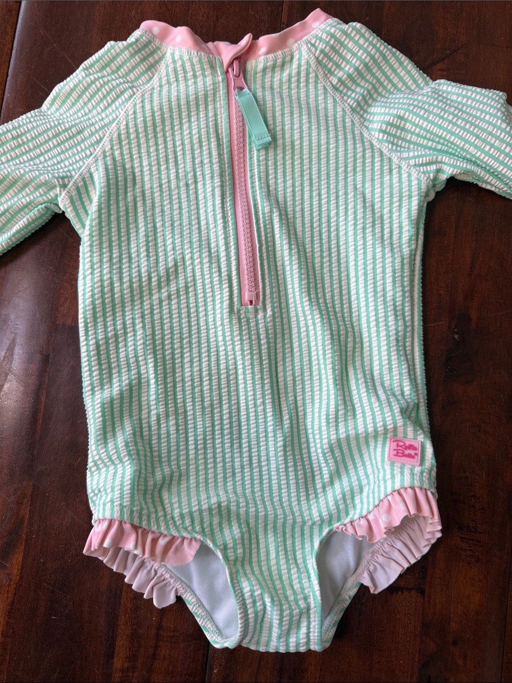 Ruffle Butts Mint Green and Pink Striped Rash Guard One-Piece